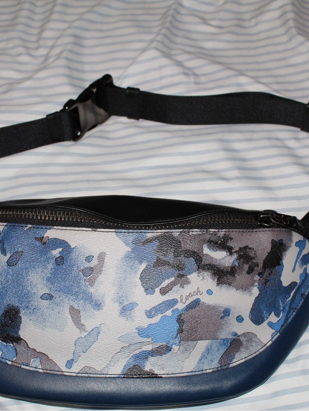 Coach Men's Blue and Gray Watercolor Camo Belt Bag